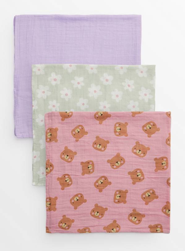 Bear & Floral Print Muslin Cloths 3 Pack One Size